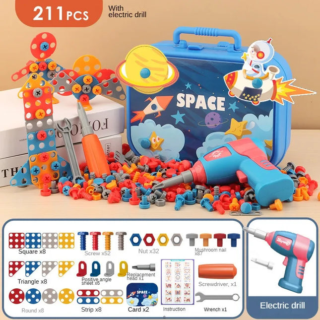 211PCS Child Pretend Repair Toolbox DIY Assembling Power Screwdriver Toy Kit Creative Games Educational Montessori Toys for Kids